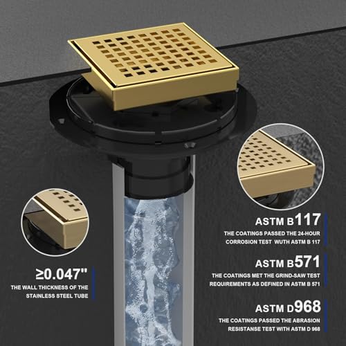 4 Inch Brushed Gold Square Shower Drain with Removable Grate | AISI 304 Stainless Steel Shower Drain, Shower Floor Drain with Hair Catcher & ABS Flange, Fits Bathroom & Balcony etc - color: Brushed Gold, size: 4 in