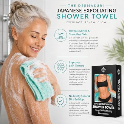 Dermasuri Japanese Exfoliating Washcloth, Body & Back Scrubber, 36 in | Extra-long Exfoliating shower towel, loofah exfoliator removes dry dead skin, quick-dry daily washcloth for all skin types