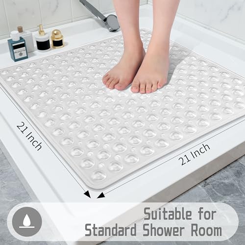 Yimobra Shower Mat 21X21 Inch Square, Non Slip Bathtub Mat with Large Suction Cups&Drain Holes, Soft Fast Dry Shower Stall Mats for Inside Shower, Machine Washable BPA-Free, Bath Essentials, Clear - color: Clear, size: 21 x 21 inches