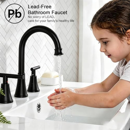 COMLLEN Black Bathroom Faucet 3 Hole Vanity,360 Degree Rotating Spout, 2 Handle 360° Swivel Matte Black 8 Inch Widespread Bathroom Sink Faucet 3 Holes, with Pop-up Drain, Supply Lines - color: Black