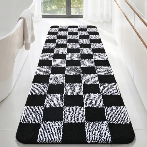 LOCHAS Long Bathroom Runner Rug 72×24, Checkered Bath Mat Non Slip, Black | Rubber Backing Absorbent Machine Washable, Microfiber Carpet for Kitchen Bedroom Entryway - color: Black, size: 72" x 24"