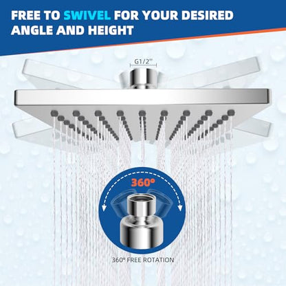 Hibbent cUPC Certified Thickness Metal 6'' Square Rain Shower Head, Chrome | High Pressure Shower Head, Bathroom Waterfall Shower Heads, High Flow Fixed Showerheads with Adjustable Brass Ball Joint - color: Chrome, style: Square 6''