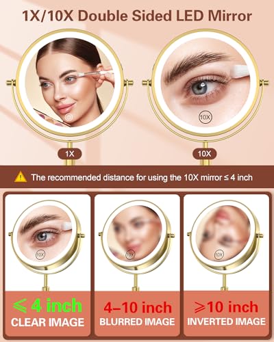 7" Lighted Makeup Mirror with 3 Color Lights & 10X Magnification, Adjustable Brightness & Height, 360° Swivel Rechargeable 10X LED Magnifying Vanity Mirror with Light, Gold - color: Gold