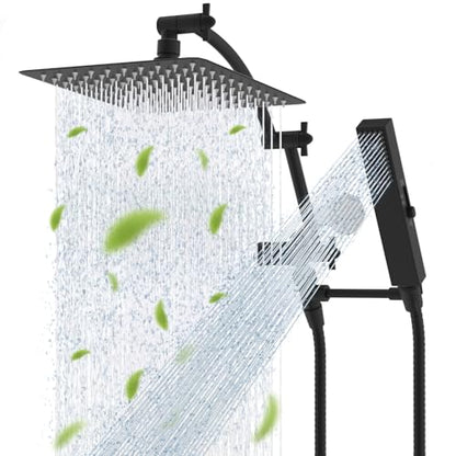 Hibbent All Metal CUPC Certified 10'' Rainfall Shower Head, Dual Shower Head Combo, High Pressure Handheld 4 Sprays Shower Wand, 16'' Adjustable Extension Arm, 71'' Hose, Shower Holder, Matte Black - color: Matte Black, style: Square 10''