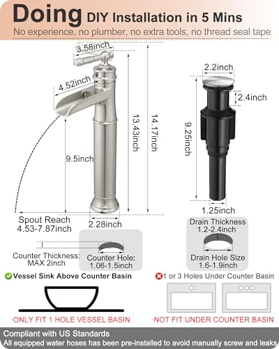 Vessel Sink Faucet Brushed Nickel, Brass Waterfall Bathroom Faucet Single Hole, Tall Bathroom Sink Faucet, Bathroom Faucets Single Handle with Pop-Up Drain Supply Hoses for Lavatory No Noise - color: Brushed Nickel - Classic