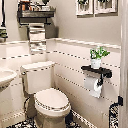 Toilet Paper Holder with Shelf, Industrial Wall Mounted Tissue Roll Hanger with Rustic Wooden Shelf for Bathroom, Washroom (Black)