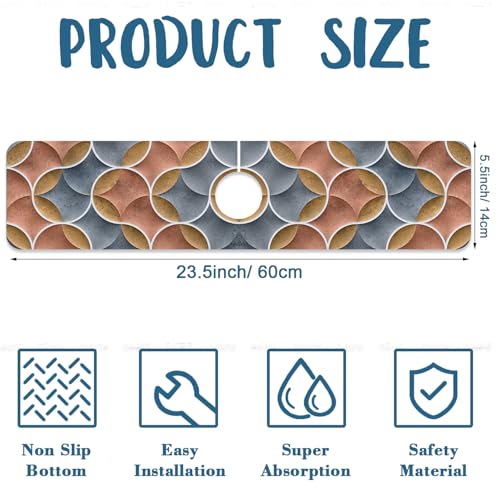 Geometric Printing Sink Splash Guard Faucet Mat Ceramic Tile Texture Super Absorbent Fast Drying Mat Sink Gadgets-Splash Guard Behind Faucet Drip Catcher for Kitchen Bathroom, 23.5"x5.5" - size: 23.5" x 5.5"
