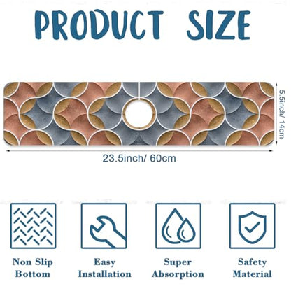 Geometric Printing Sink Splash Guard Faucet Mat Ceramic Tile Texture Super Absorbent Fast Drying Mat Sink Gadgets-Splash Guard Behind Faucet Drip Catcher for Kitchen Bathroom, 23.5"x5.5" - size: 23.5" x 5.5"
