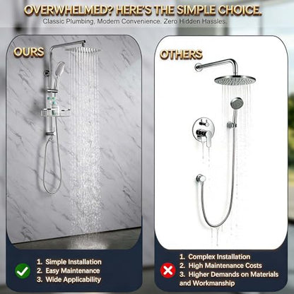 SonTiy Retrofit Shower System with Shelf, 12 Inch Stainless Steel Rain Shower Head with Handheld Sprayer, Shower Set with Slide Bar, Hose, Holder and Brass Diverter, 1.8 GPM, Chrome - color: Chrome, style: 1.8 Gallons Per Minute-Square