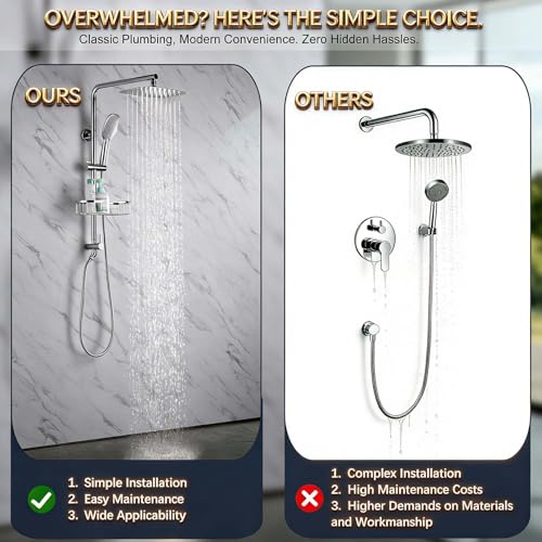Rain Shower System with Shelf, 12 Inch Rain Shower Head Set with Hand Shower Head, SonTiy Dual Shower Combo with Height Adjustable Holder, Brass Valve, Chrome - color: Chrome, style: 2.5 Gallons Per Minute-Square