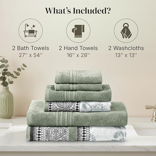 Modern Threads 6 Piece Bath Towel Set – Bathroom Set with 2 Bath Towels, 2 Hand Towels, and 2 Wash Cloths – 100% Cotton, Super Absorbent & Extra Soft – Reversible Floral Trail (Sage Green) - color: Sage Green