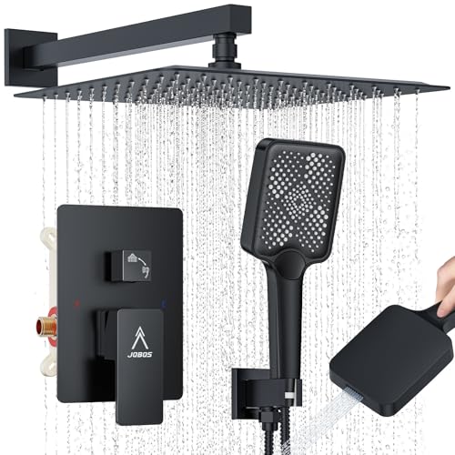 Shower System Modern Rain Brass Faucet Set With Valve and Diverter Shower Mixer With Handheld High Pressure Square Rainfall Shower Valve (12'' Wall Mount, Matte Black) - color: Matte Black, style: 12'' Wall Mount