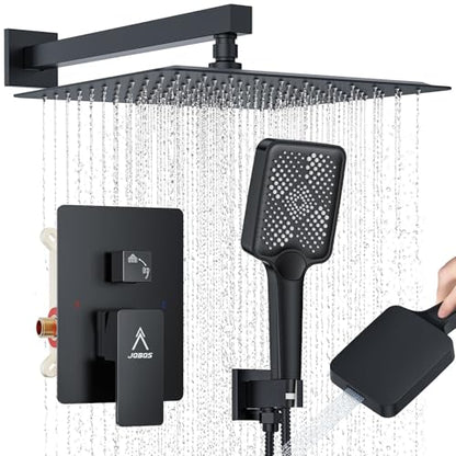 Shower System Modern Rain Brass Faucet Set With Valve and Diverter Shower Mixer With Handheld High Pressure Square Rainfall Shower Valve (12'' Wall Mount, Matte Black) - color: Matte Black, style: 12'' Wall Mount