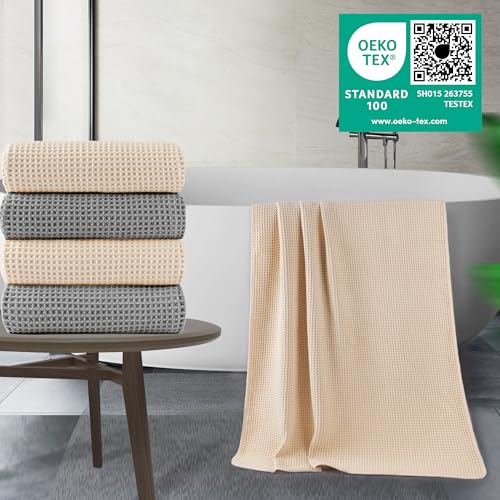 POLYTE 430 GSM Poly Blend Microfiber Quick Dry Waffle Bath Towel, 30x60 in | 4 Pack, Oversize, Lint Free, Body Towel - color: Gray,light Beige