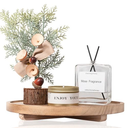 Round Decorative Tray Wood Bathroom Counter Organizer Farmhouse Kitchen Decor Wooden Riser for Soap Dish, Perfume, Candle, Sponge, 11" - Brown | Waterproof, Lightweight, Easy Clean, Wood Riser Pedestal Stand Accessories for Office Desk, Vanity, Counter, S