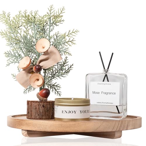 Round Decorative Tray Wood Bathroom Counter Organizer Farmhouse Kitchen Decor Wooden Riser for Soap Dish, Perfume, Candle, Sponge, 11" - Brown | Waterproof, Lightweight, Easy Clean, Wood Riser Pedestal Stand Accessories for Office Desk, Vanity, Counter, S
