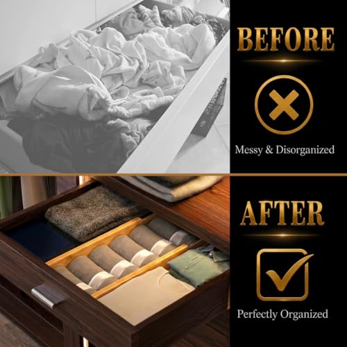 Adjustable Bamboo Drawer Dividers Expandable 8 Pack 17-22 Organizer | Kitchen, Dresser, Closet, Bathroom, Bedroom & Office Storage, Solid Moso Bamboo, Spring-Loaded, 80 Labels