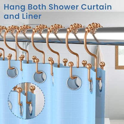 Rose Gold Shower Curtain Hooks Double Sided with Roller Balls | for Bathroom Rods, for Shower Curtain and Liner, Smooth Gliding, Rustproof Metal, Set of 12 Hooks - color: Rose Gold