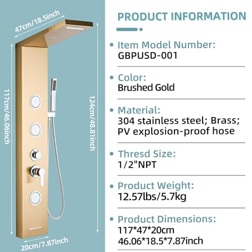 5-In-1Shower Panel Tower System-Brushed Gold | 304 stainless steel Shower Panel Column Tower With Powerful Body Jets,Body Spray,Rainfall,Waterfall,Handheld And Tub Spout - color: Gold