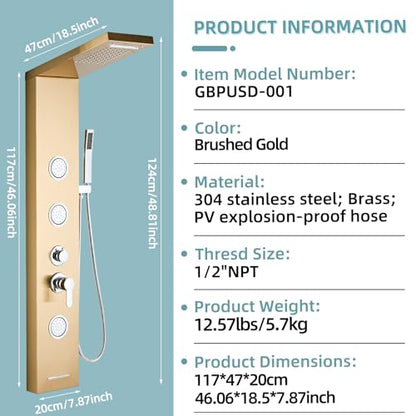 5-In-1Shower Panel Tower System-Brushed Gold | 304 stainless steel Shower Panel Column Tower With Powerful Body Jets,Body Spray,Rainfall,Waterfall,Handheld And Tub Spout - color: Gold