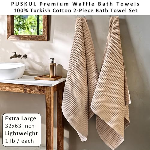 PÜSKÜL 2-Piece Natural 100% Turkish Cotton Waffle Bath Towels Extra-Large | Beige, 32x63" Bath Sheet Towel, Light Soft Absorbent Quick-Dry Lint-Free Premium Honeycomb Weave Oeko-Tex Made in Turkiye - color: Beige, size: Bath Towels - Pack of 2