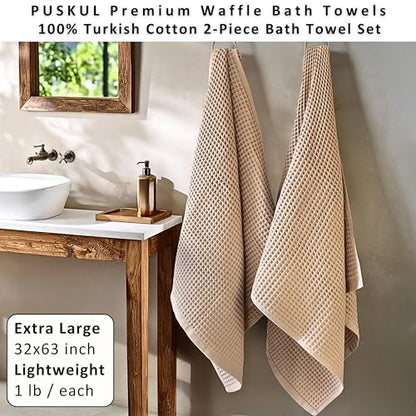PÜSKÜL 2-Piece Natural 100% Turkish Cotton Waffle Bath Towels Extra-Large | Beige, 32x63" Bath Sheet Towel, Light Soft Absorbent Quick-Dry Lint-Free Premium Honeycomb Weave Oeko-Tex Made in Turkiye - color: Beige, size: Bath Towels - Pack of 2