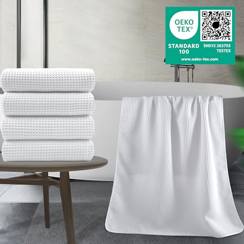 POLYTE 430 GSM Poly Blend Microfiber Quick Dry Waffle Bath Towel, 30x60 in | 4 Pack, Oversize, Lint Free, Body Towel - color: White