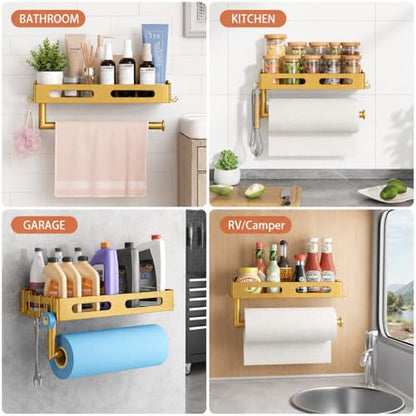 Gold Paper Towel Holder Wall Mount with Shelf, Easy One Hand Tear, Adhesive Glue or Drill Mount Hanging Paper Towel Holder with Shelf for Kitchen/Bathroom/RV, Metal, 4 Hooks - color: Golden
