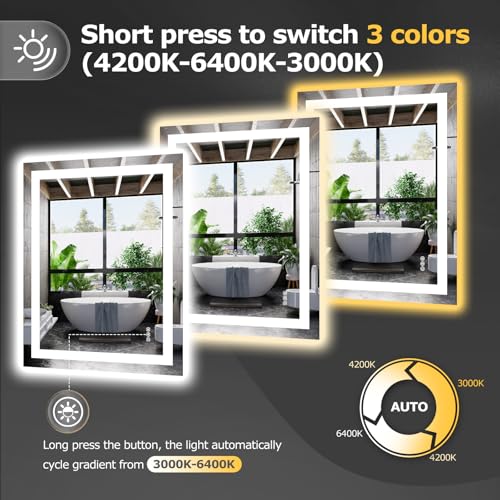 Hivone 28"X36" LED Bathroom Mirror with Lights, Anti-Fog, Dimmable, Backlit + Front Lit, Smart Bathroom Vanity Mirror, Memory Function, Shatterproof, Tempered Glass (Horizontal/Vertical) - size: 28"L x 36"W
