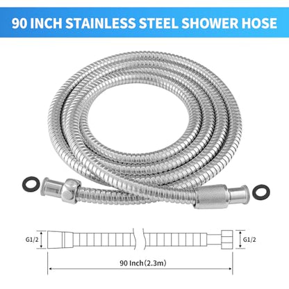 90 Inch Extra Long Stainless Steel Shower Hose - Flexible & Wear-Resistant with Chrome shower head with hose Plated Nut & Insert - color: Chrome, size: 90 Inches