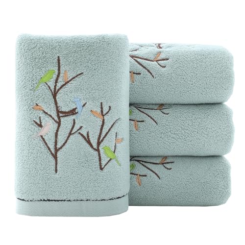 Hand Towels Set of 4 Embroidered Bird Tree Pattern 100% Cotton Absorbent Soft Decorative Towel for Bathroom (Aqua Green) - color: 4 Aqua Green, size: 13.8 x 29.5