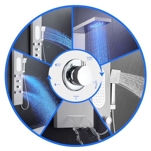 5-Function LED Shower Panel Tower System 4 Jets Stainless Steel | LED rain head | 4 massage jets | Body waterfall spray | Handheld shower | Tub spout | Brushed finish - color: Brushed Nickel