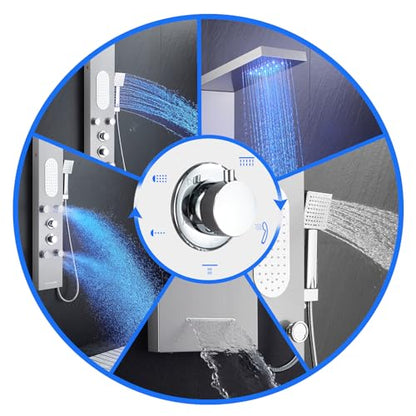 5-Function LED Shower Panel Tower System 4 Jets Stainless Steel | LED rain head | 4 massage jets | Body waterfall spray | Handheld shower | Tub spout | Brushed finish - color: Brushed Nickel