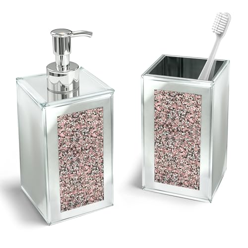 2Pcs Pink Bathroom Set, Mirror Finish & Diamond Accent Soap Holder, Modern | High polish mirror glass, sparkling diamond accents, sleek silhouette, stain proof surface, easy to clean, generous capacity - color: Pink