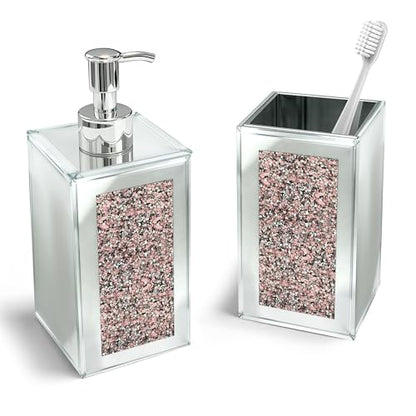 2Pcs Pink Bathroom Set, Mirror Finish & Diamond Accent Soap Holder, Modern | High polish mirror glass, sparkling diamond accents, sleek silhouette, stain proof surface, easy to clean, generous capacity - color: Pink