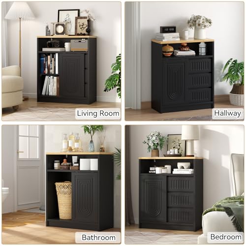 Gyfimoie Bathroom Storage Cabinet with 3 Drawers, Wooden Floor Cabinet with 1 Sliding Door & Adjustable Shelves for Bathroom, Living Room, Entryway (Black)