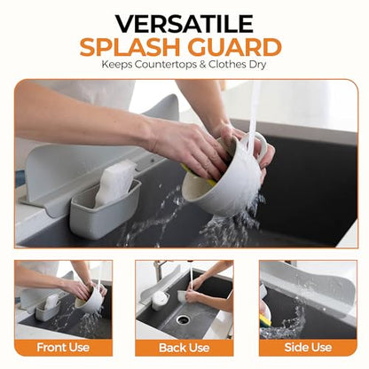 MACMED Silicone Sink Splash Guard with Sponge Holder for Kitchen Sink,19.5" | Water Splash Guard for Kitchen Sink, Faucet, Bathroom Tubs & Countertop Protector – Water Backsplash Guard - Grey Color
