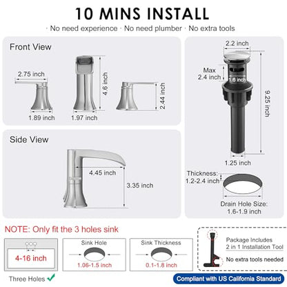 Brushed Nickel Bathroom Faucet 3 Hole, 4-8 Inch Waterfall Bathroom Sink Faucet Widespread with Drain & cUPC Supply Hose, 2 Handles for Vanity, Lavatory, Restroom, Brass Material, 10 Mins Install - color: Brushed Nickel - Modern