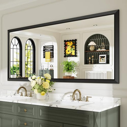 72x32 Inch Black Bathroom Mirror for Wall, Beveled Framed Rectangle Bathroom Vanity Mirrors for Over Sink, Bedroom, Living Room, Entryway, Anti-Rust, HD Tempered Glass, Horizontally/Vertically - size: 72"L x 32"W
