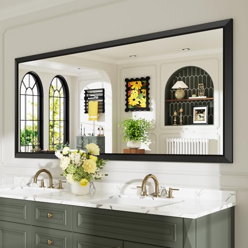 72x32 Inch Black Bathroom Mirror for Wall, Beveled Framed Rectangle Bathroom Vanity Mirrors for Over Sink, Bedroom, Living Room, Entryway, Anti-Rust, HD Tempered Glass, Horizontally/Vertically - size: 72"L x 32"W