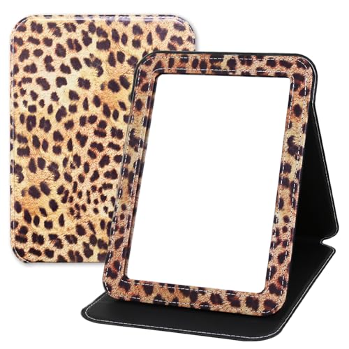 Foldable Travel Makeup Mirror, Portable PU Leather Standing Desk Mirror Rounded Corner, Large Folding Desktop Vanity Mirror with Adjustable Stand for Vanity Table, Office, Camping Leopard Print - color: Leopard Print