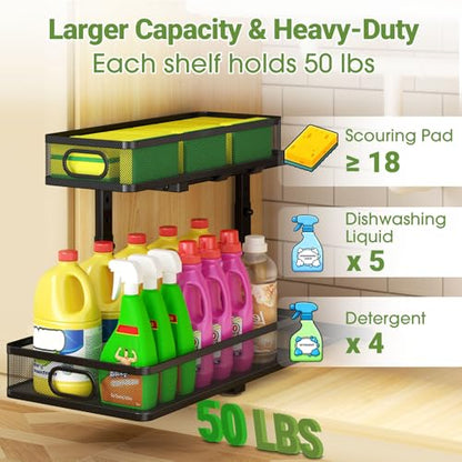 Under Sink Organizer 2-Pack, Metal 2-Tier Pull-Out Cabinet Shelf with Slide-Out Mesh Drawers, Height Adjustable, Space-Saving Under Sink Storage Racks for Kitchen, Bathroom, Laundry Room - color: Black