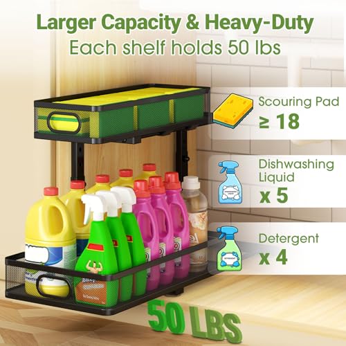 Under Sink Organizer 4-Pack, Metal 2-Tier Pull-Out Cabinet Shelf with Slide-Out Mesh Drawers, Height Adjustable, Space-Saving Storage Racks for Kitchen, Bathroom, Laundry Room - color: Black-4 Pack