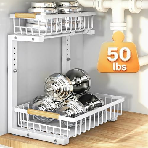 Under Sink Organizer, Height Adjustable Under Sink Organizers and Storage, 2 Tier Pull Out Drawer Cabinet Storage for Kitchen Bathroom, 1 Pack, White | cabinet organizer, 5 level adjustable, quiet sliding rails, dual suction and nano tape, no drill, rust