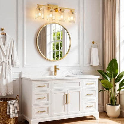 4-Light Bathroom Light Fixtures, Brushed Gold Modern Vanity Lights, Bathroom Lighting Fixtures Over Mirror, Square Design Farmhouse Wall Sconces with Clear Glass Shades - color: Brushed Gold, size: 4-Light
