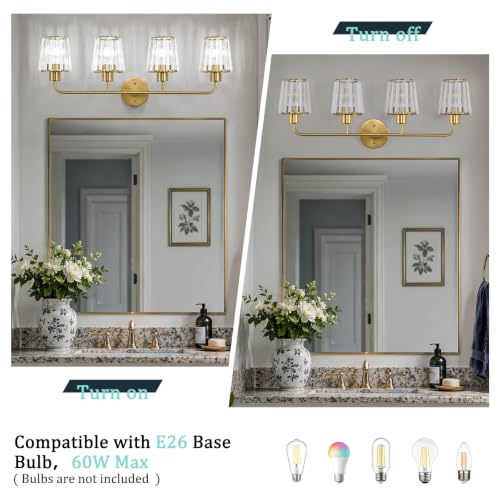 Brushed Gold Vanity Lights, 4-Light Crystal Bathroom Light Fixtures | Modern Bathroom Vanity Light E26 Wall Light over Mirror (Exclude Bulb) - color: Brushed Gold, size: 4-Light