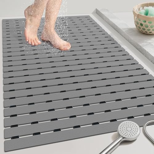 OTHWAY Large Shower Mat, 35.4 x 24 Inch No Suction Cup Shower Mat Non Slip, Quick Drain Large Non Slip Shower Mats for Inside Shower, Heavy Duty Curlable PVC Shower Floor Mat, Dark Grey - color: Dark Grey