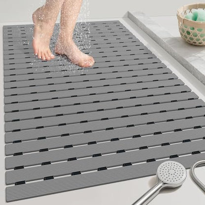 OTHWAY Large Shower Mat, 35.4 x 24 Inch No Suction Cup Shower Mat Non Slip, Quick Drain Large Non Slip Shower Mats for Inside Shower, Heavy Duty Curlable PVC Shower Floor Mat, Dark Grey - color: Dark Grey