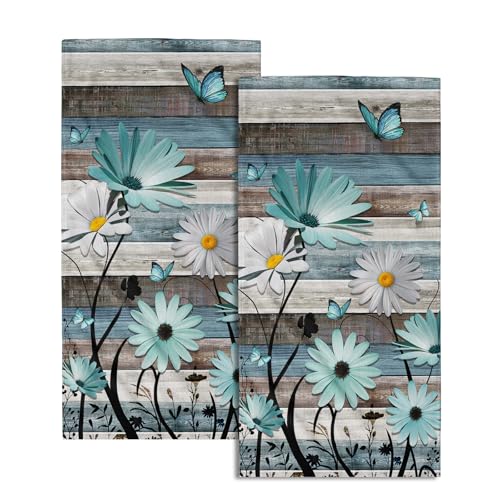 Giwawa Daisy Floral Hand Towels Rustic Wood Face Tea Towels Set of 2 Absorbent Soft Microfiber Dish Wash Cloth for Kitchen Bathroom Gym Decoration - color: Daisy Floral Wood