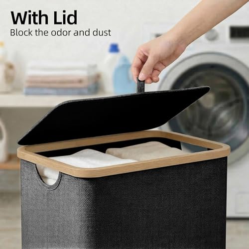 efluky Slim Laundry Basket with Lid, Narrow Laundry Hamper with Removable Bag, Skinny Dirty Clothes Basket with Bamboo Handles for Bathroom, Bedroom & Laundry Room, 65L Black - color: Black, size: 65L